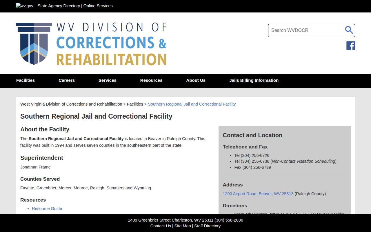 Southern Regional Jail and Correctional Facility Summers County custody record source